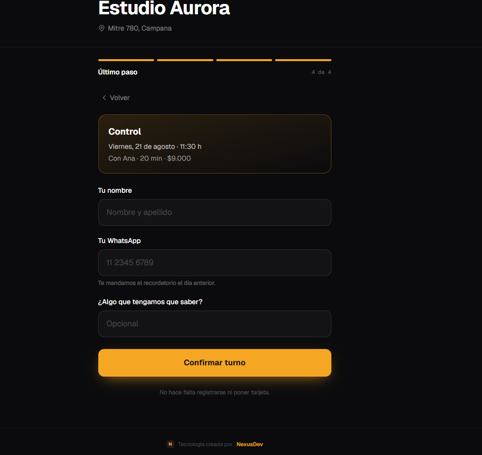 Último paso de la reserva, con el resumen del turno