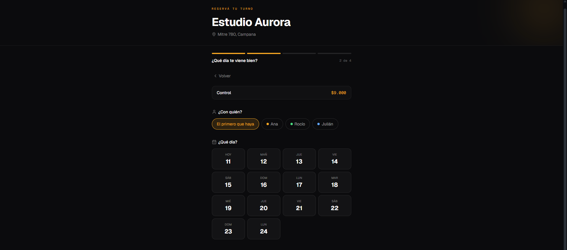 Pantalla donde el cliente elige con quién y qué día